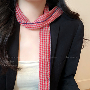 复古日系文艺红色条纹格子丝巾女氛围感飘带围脖高颜值小清新配饰