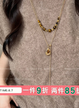 美拉德虎眼石叠戴吊坠项链女高级感精致百搭毛衣链小众设计感配饰
