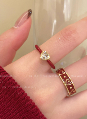 安可拉红色爱心锆石开口戒指女秋冬高级感简约食指戒小众设计指环