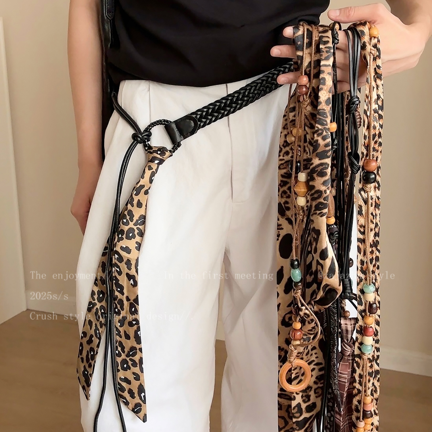 复古豹纹丝巾编织腰带女小众设计