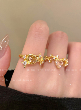 复古金色爱心锆石戒指女款小众设计轻奢高级感食指戒时尚个性指环