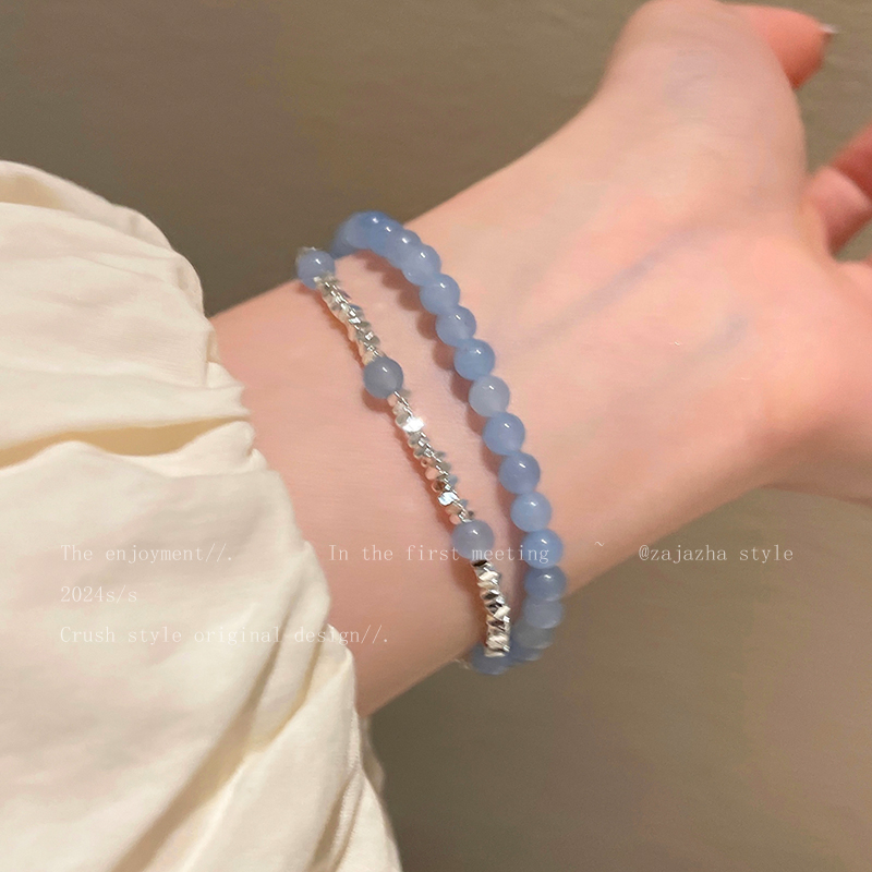 海蓝宝碎银子双层叠戴手链女蓝色串珠手串学生党闺蜜小众精致手饰