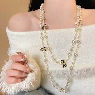 小香风蝴蝶结珍珠双层项链女款高级感轻奢精致小众毛衣链长款配饰