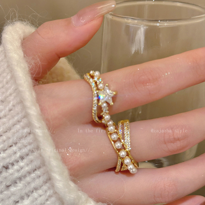 双层珍珠星星叠戴戒指女