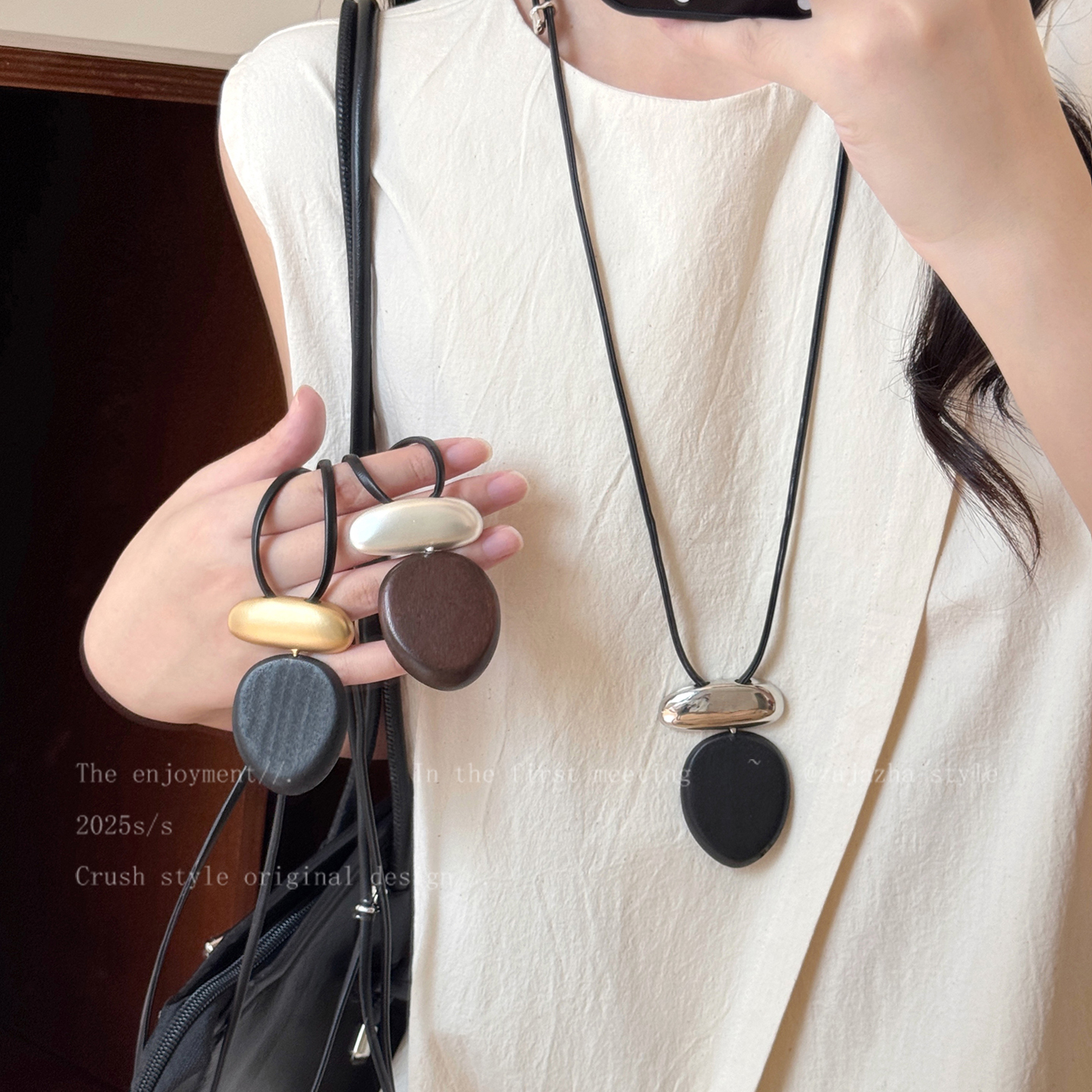 黑檀木金属拼接项链女