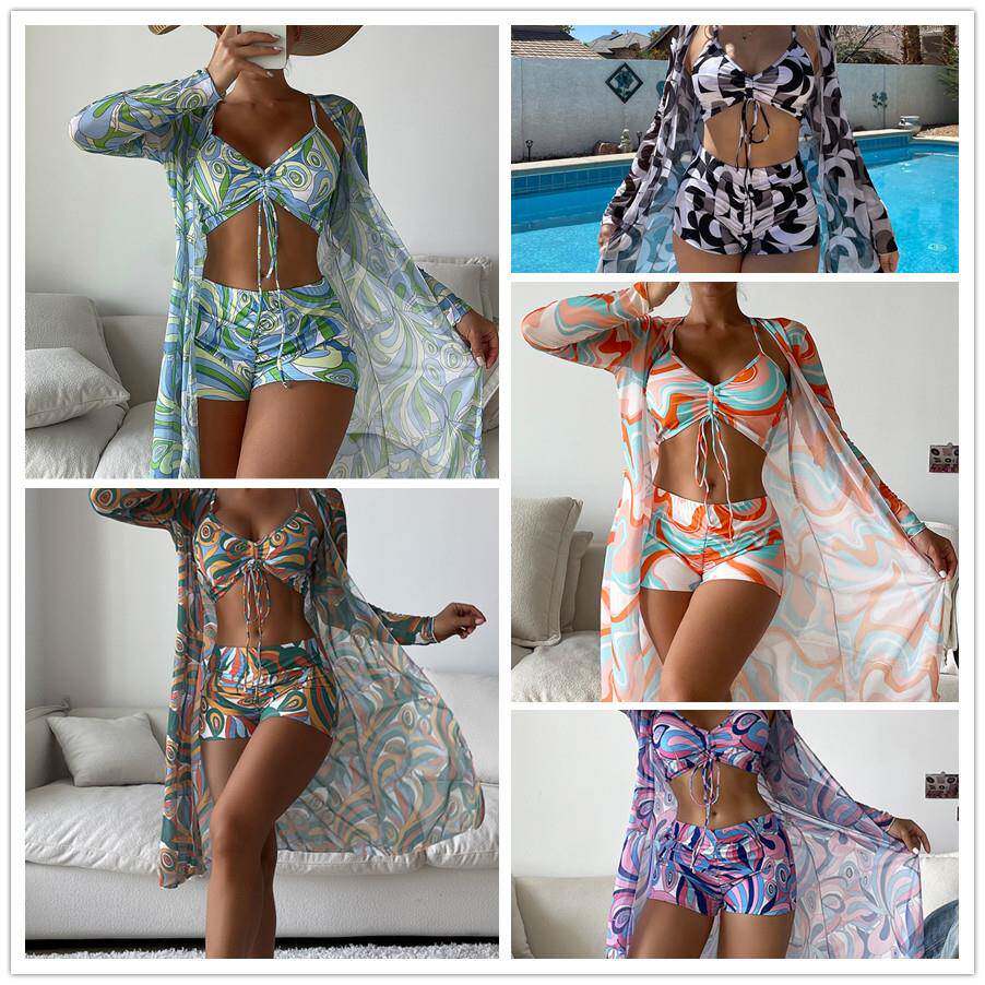 Womens boxer swimsuit briefs women mesh three-piece for