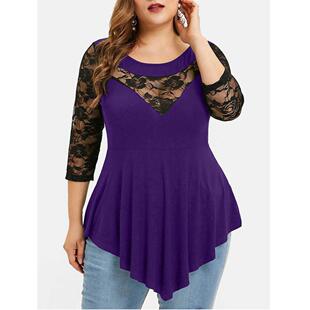 Large Lace Sleeve Womens Floral Round Size Hem Neck Top