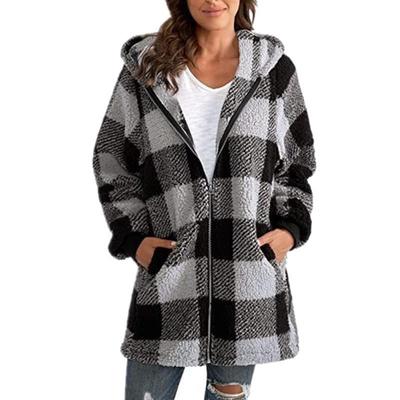 Plaid Womens Jacket Coat Sleeve Zipper Loose Long Plush