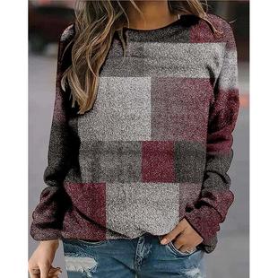 neck round long women loose sweatshirt sleeved plaid for