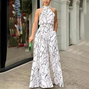 halter sleeveless waist tie neck trousers elegant Womens