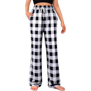 trousers woman print plaid black red ladies pants leg wide