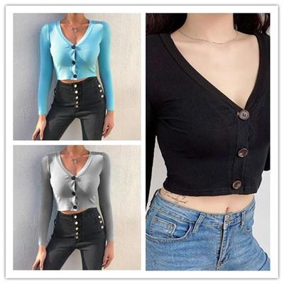 shirt long-sleeved woolen top navel exposed V-neck