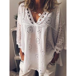 Top Embroidery Hollow Casual Shirt neck Large Size Loose