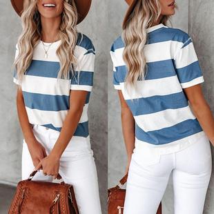 shirt casual round for striped neck short women sleeve