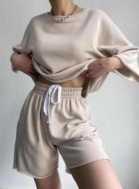 Street Womens Loose Sleeve Shorts Two-piece Suit Half Round