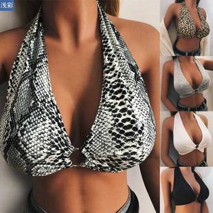 women halter neck leopard sports bra tank vest lace up