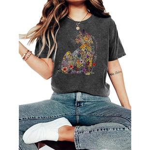 round loose neck Womens casual womens cat short top flower