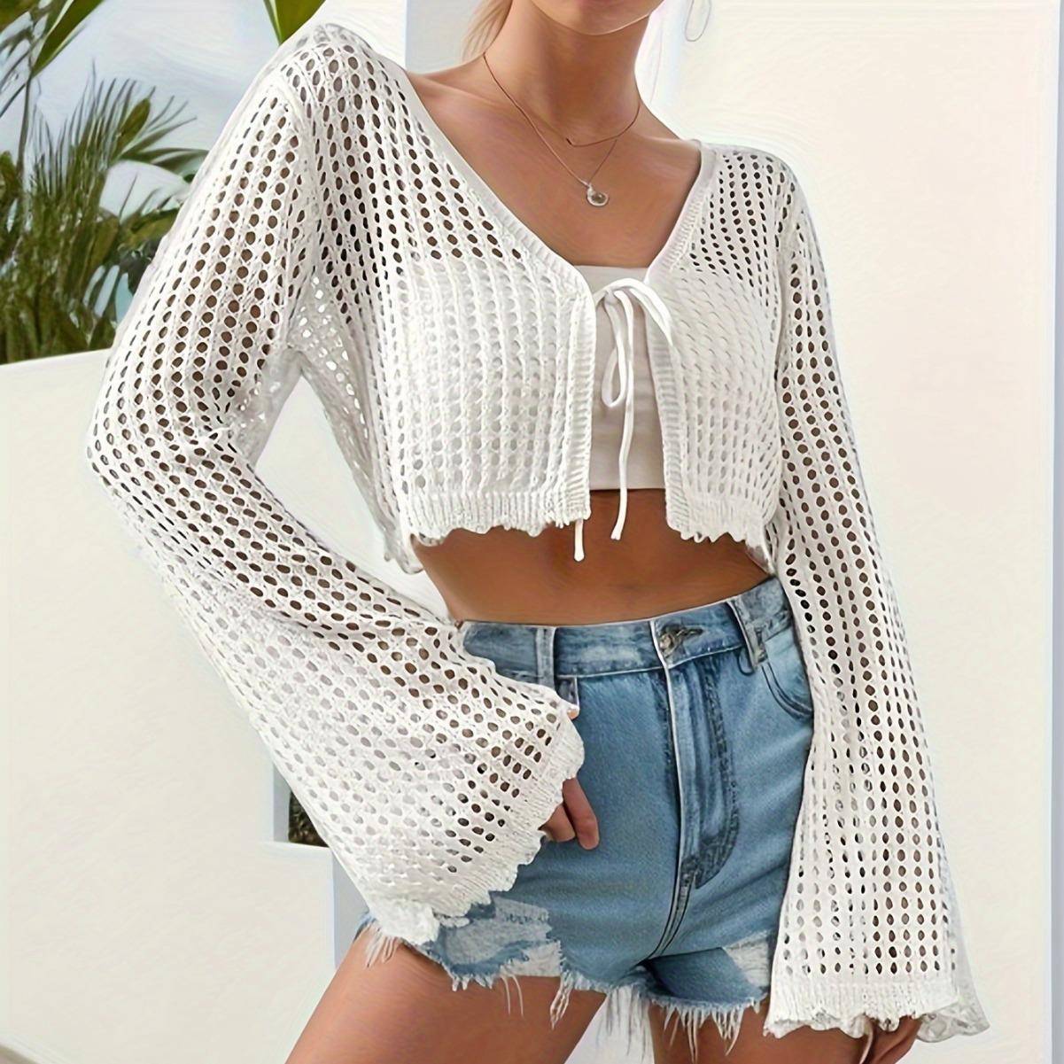 open loose front cardigans ups crochet cropped out tops