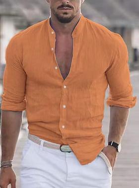 Mens Linen Beach Shirt Long Sleeve Solid Color Hawaiian