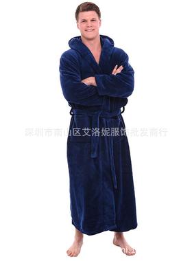 men hooded bathrobe flannel robe long bath robe home gown