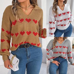 Color Pullover Heart Sleeves Contrast for Women Sweater