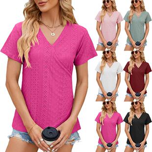 neck color shirt sleeved top loose Solid for short