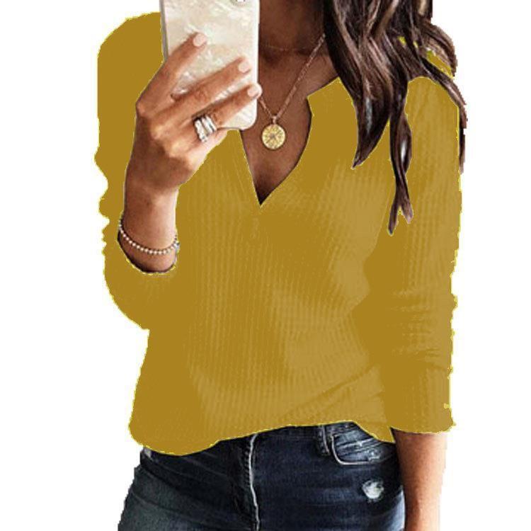 Womens Waffle Knit V-Neck Long Sleeve Top