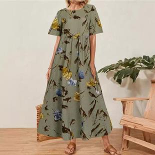 Neck Loose Sleeve Large Long Retro Womens Round Dress Short