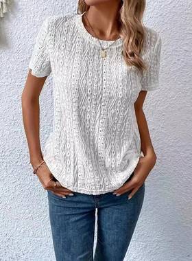 Solid color hollow casual outing womens round neck T-shirt