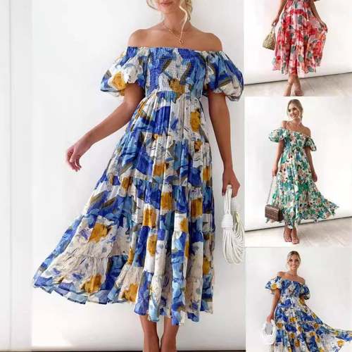 Square neck lantern sleeve high waist one shoulder dress