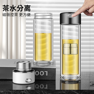 磁弹泡茶杯玻璃水杯女款双层耐高温新款便携高端茶水分离杯子男士