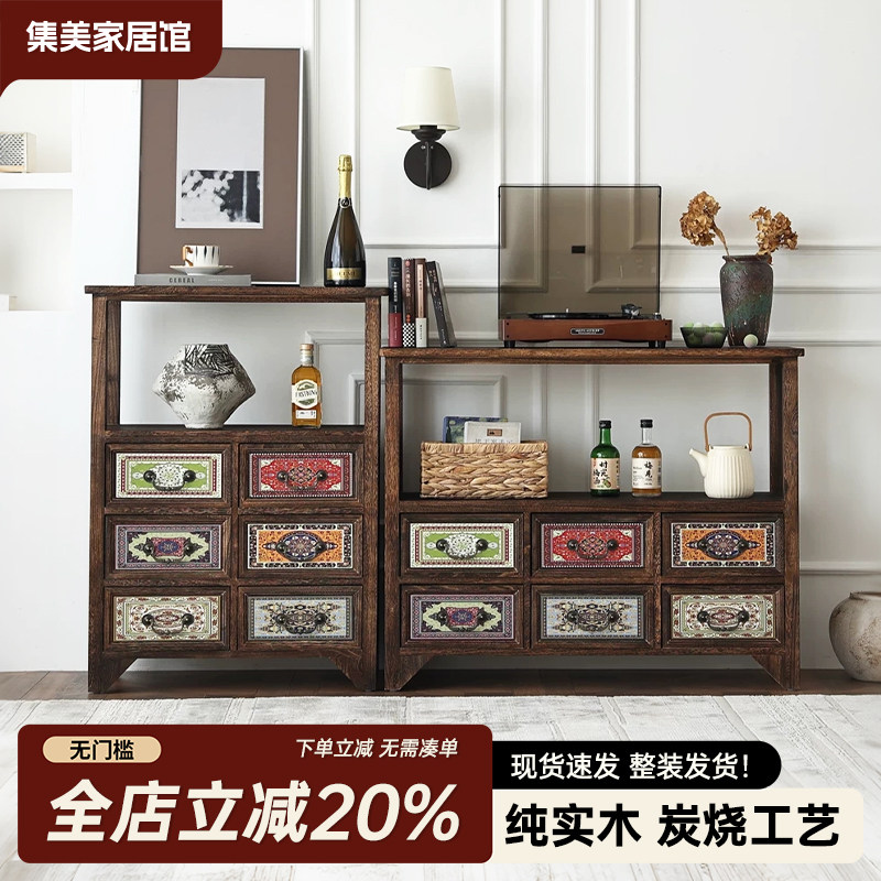 实木餐边柜复古斗柜美式小型茶水柜做旧客厅靠墙置物储物收纳柜子