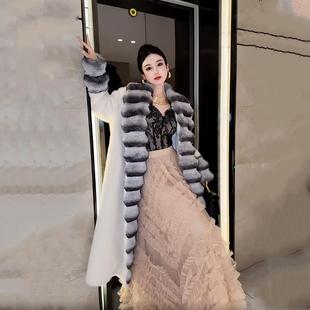 皮毛一体外套女长款2025新款贵妇龙猫青紫蓝门襟水貂毛绒皮草大衣