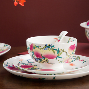 寿桃粉彩瓷器景德镇陶瓷餐具米饭碗面碗汤碗盘中式仿古寿碗回礼