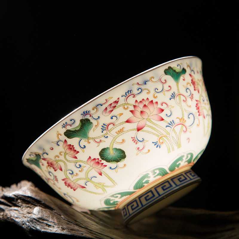 景德镇仿古陶瓷碗粉彩荷花高脚米饭碗面碗盘勺碟组合餐具骨瓷碗
