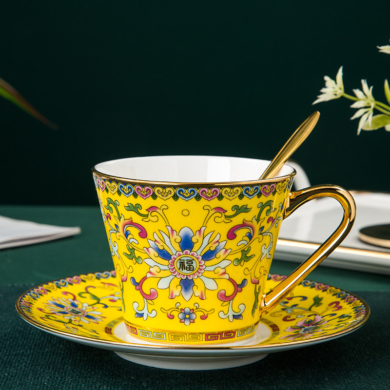 景德镇陶瓷珐琅彩水杯茶杯牛奶杯早餐杯燕麦杯咖啡杯碟勺三件套