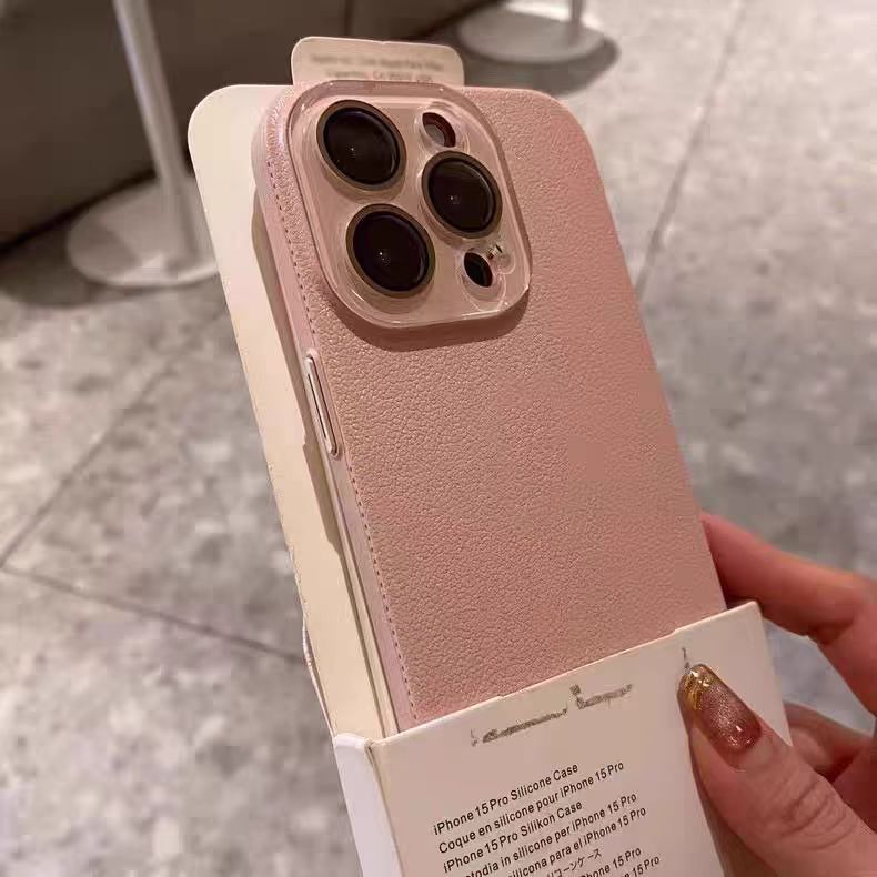 砂粉色荔枝皮纹适用iPhone16promax手机壳简约高级感苹果15pro新款带镜头膜全包14极简纯色13耐脏12男女款11