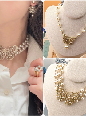 2025新款多层珍珠镂空蝴蝶项链女一字肩锁骨链choker颈链高级感