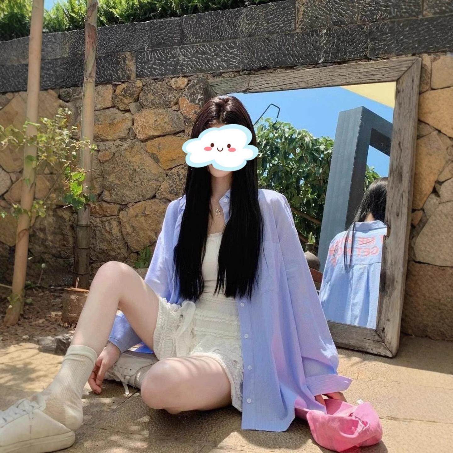 韩版蓝色印花衬衫外套女春夏秋季设计感薄款宽松长袖防晒衬衣上衣