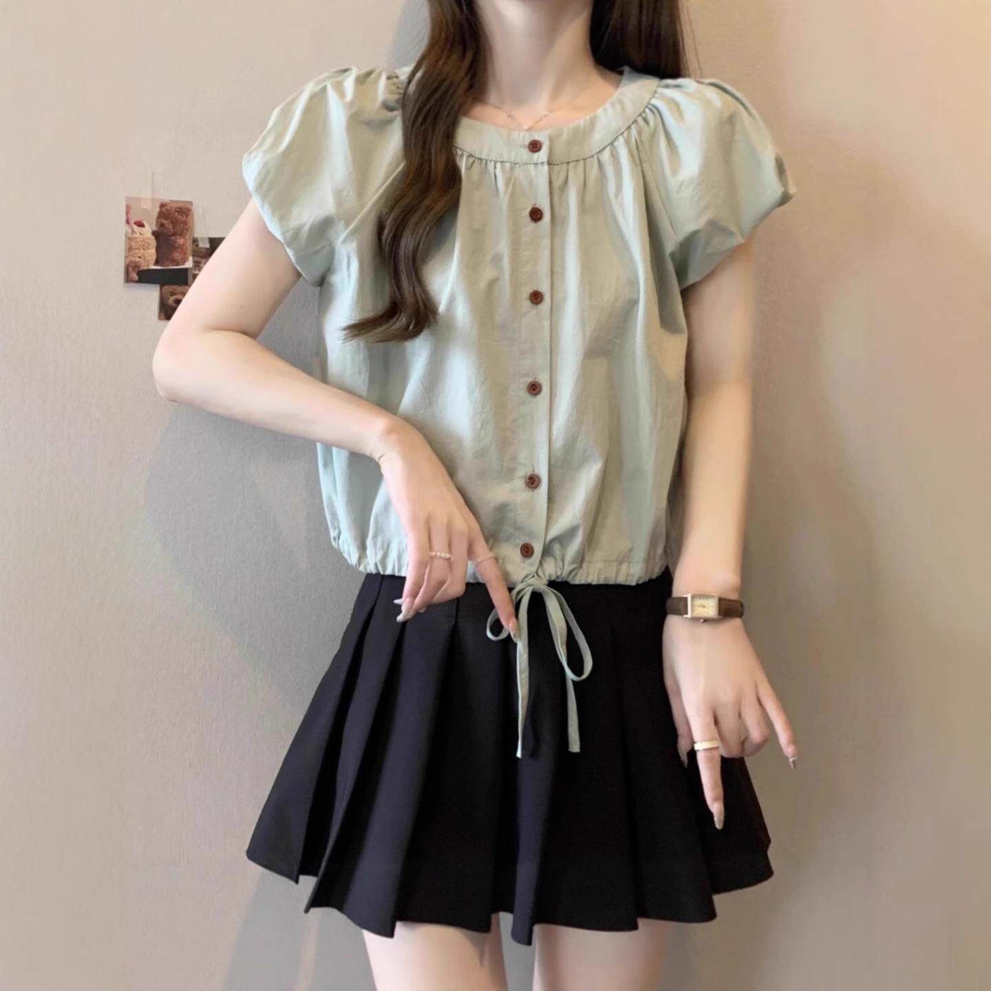 法式系带短袖衬衫女夏装显瘦短款