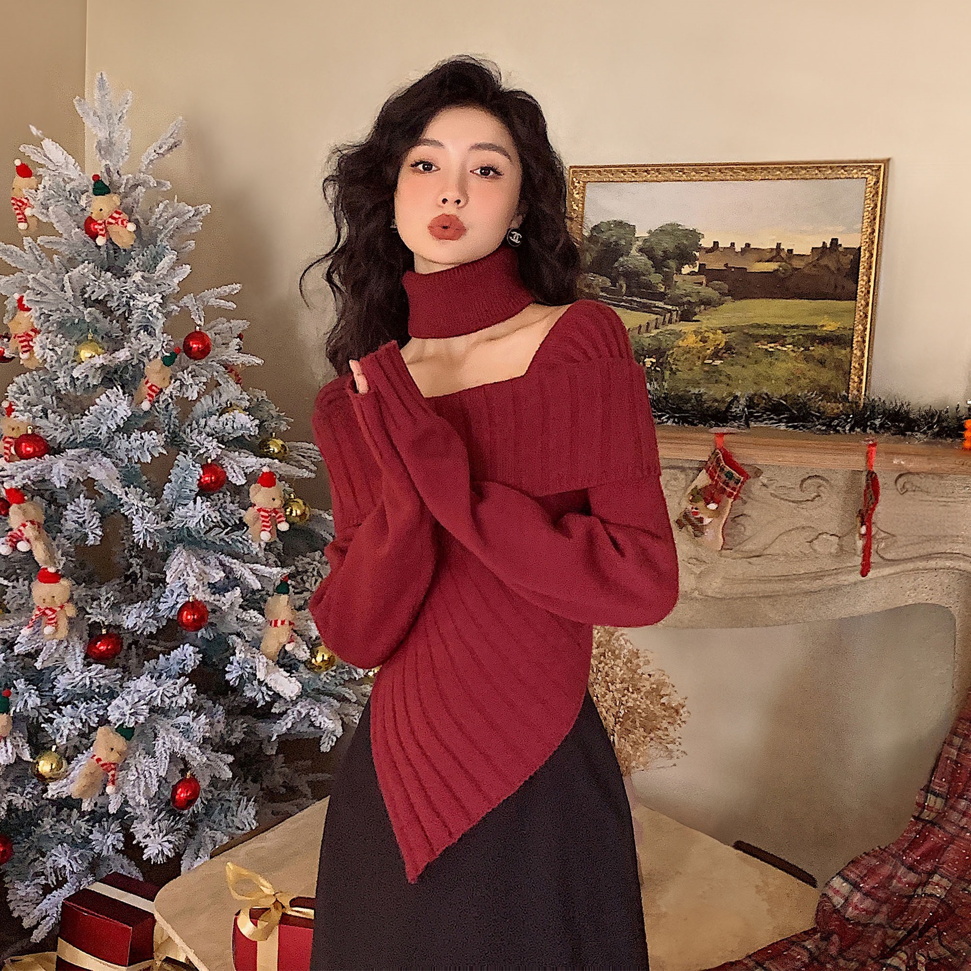 法式一字领绝美别致长袖秋冬时尚辣妹不规则下摆设计显瘦上衣ins