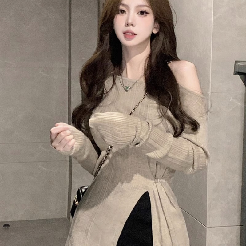 设计感小众纯欲风一字肩长袖T恤早秋性感辣妹修身显瘦时尚上衣ins