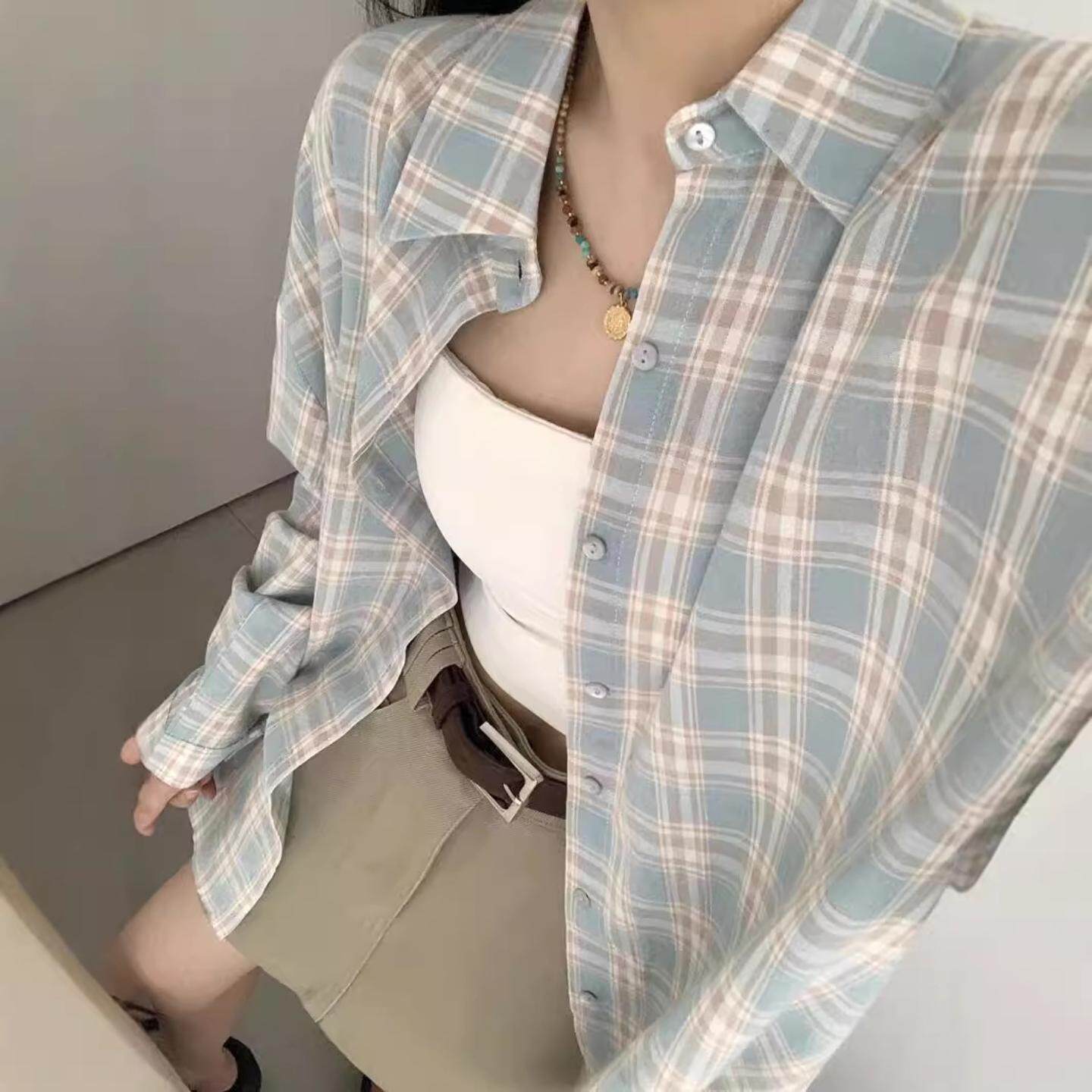 蓝白翻领长袖格子衬衫女秋夏宽松中长款小众衬衣休闲盐系防晒上衣