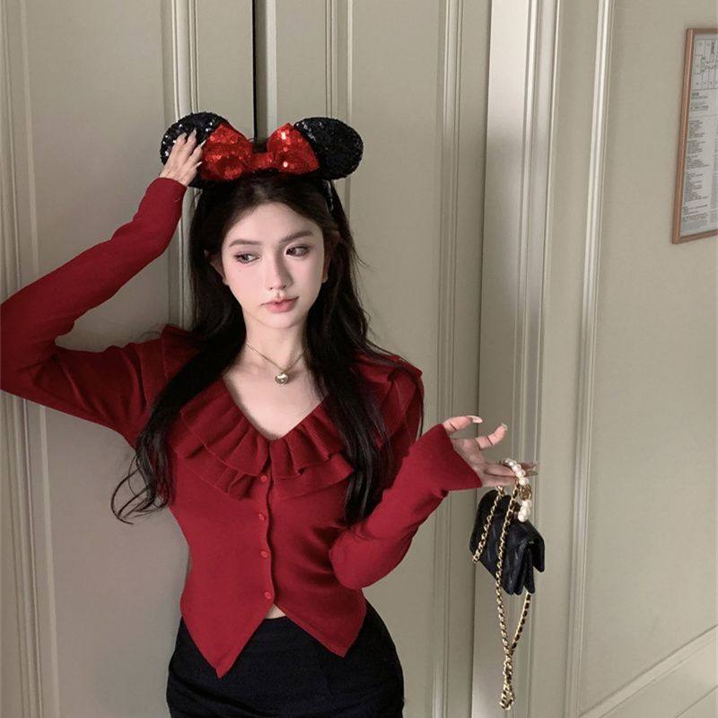 时髦新款红色法式针织气质荷叶春秋针织衫修身毛衣打底开衫上衣女