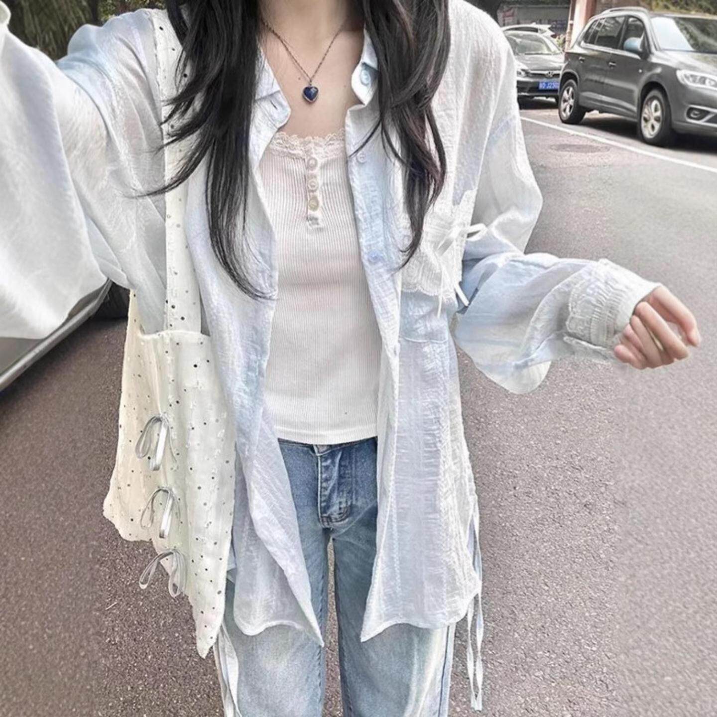 浅蓝色长袖衬衫外套女薄款夏季新款设计感小众衬衣蕾丝防晒上衣棉