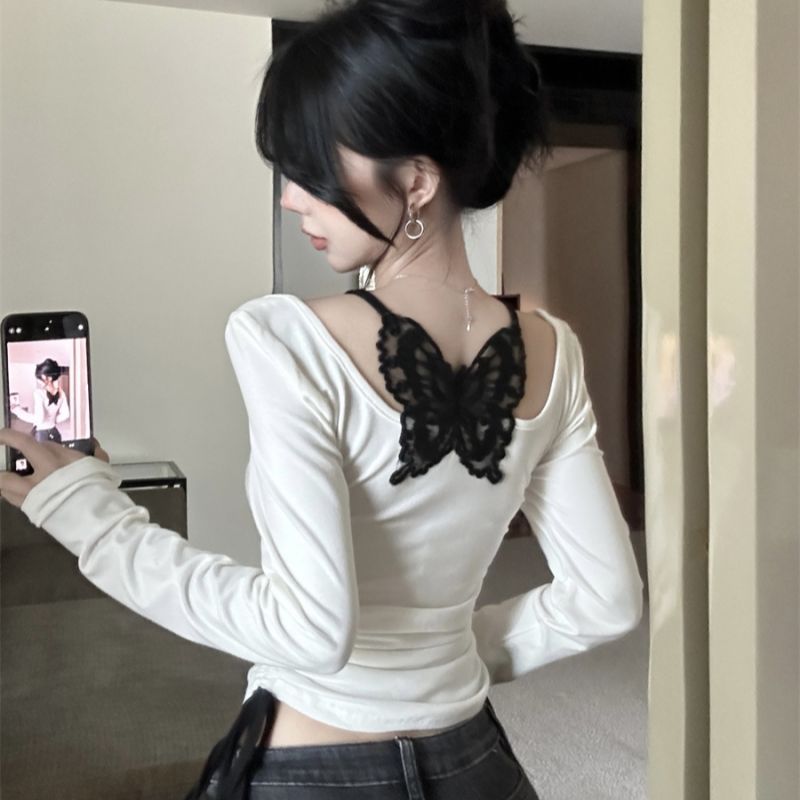 春秋季纯欲风辣妹u领长袖T恤蝴蝶露背抽绳性感修身显瘦小众上衣女