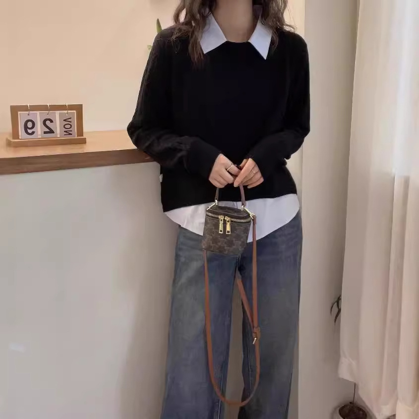 秋冬季新款拼接毛衣女气质百搭假两件衬衫领麻花长袖针织衫女装