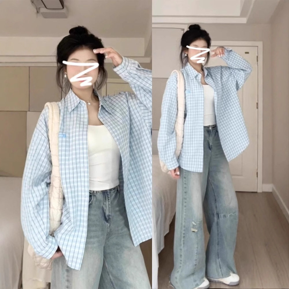 韩系设计感小众蓝色格子衬衫女防晒外套薄款宽松时尚春夏长袖衬衣
