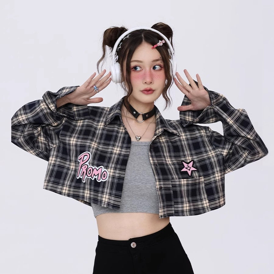 甜辣复古长袖格子衬衫外套女春秋季时尚防晒宽松小众短款薄款上衣