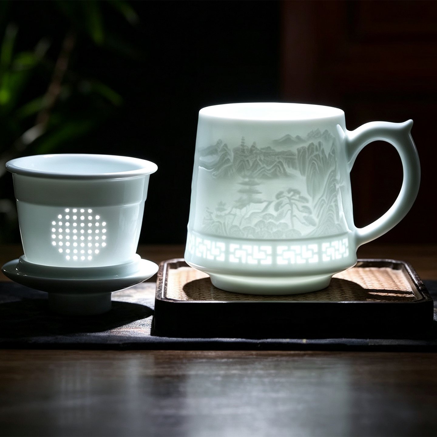 景德镇玲珑瓷茶水分离马克杯礼盒图片